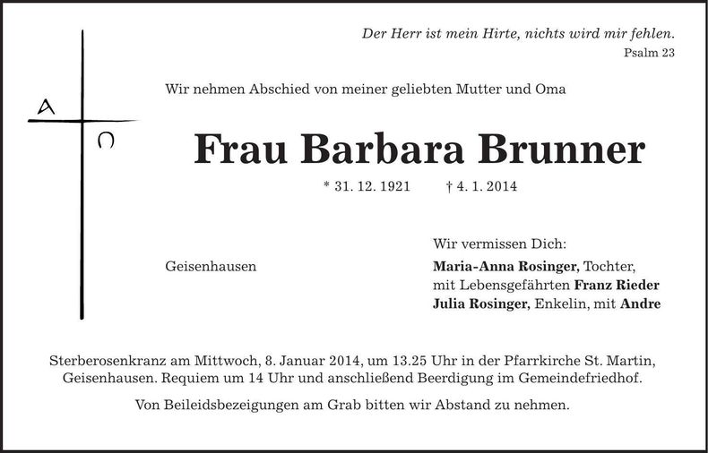 Traueranzeige Barbara Brunner