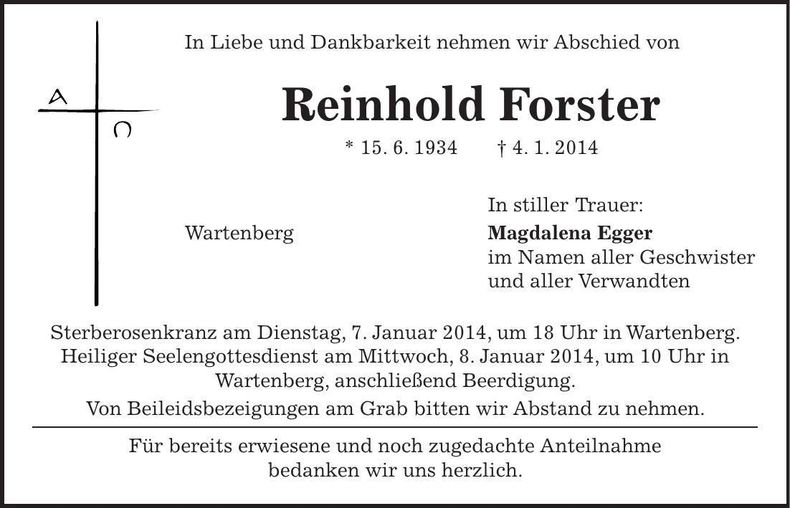 Traueranzeige Reinhold Forster
