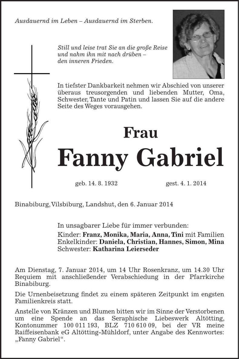 Traueranzeige Fanny Gabriel
