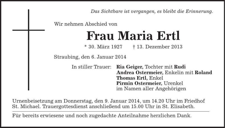 Traueranzeige Maria Ertl