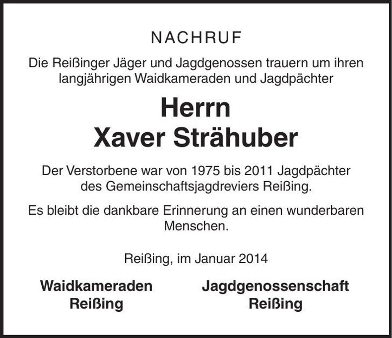 Traueranzeige Xaver Strähuber