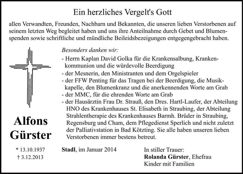 Traueranzeige Alfons Gürster