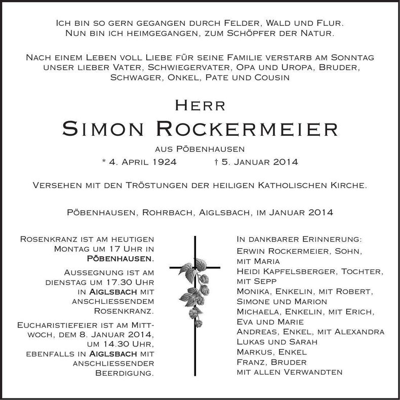 Traueranzeige Simon Rockermeier