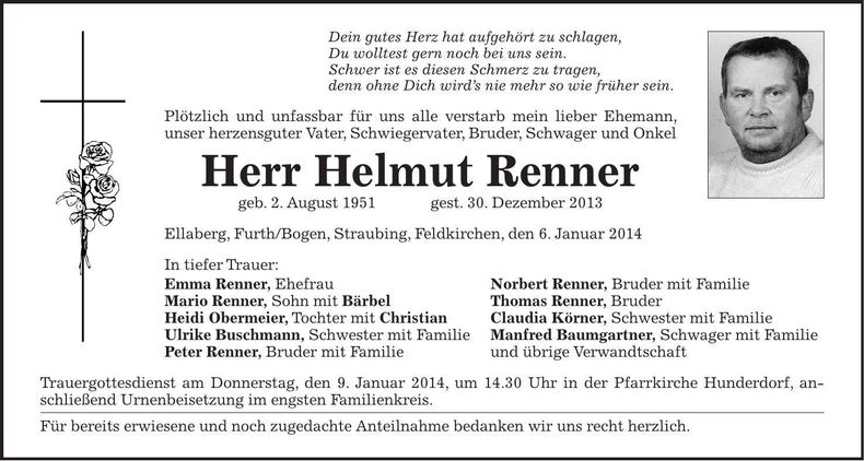 Traueranzeige Helmut Renner