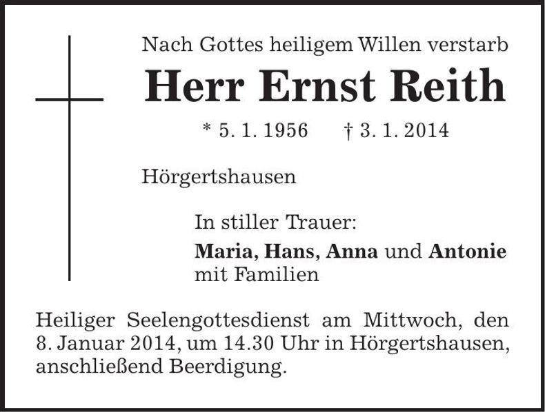 Traueranzeige Ernst Reith