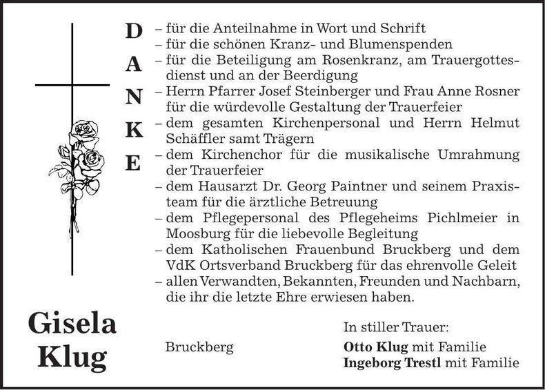 Traueranzeige Gisela Klug