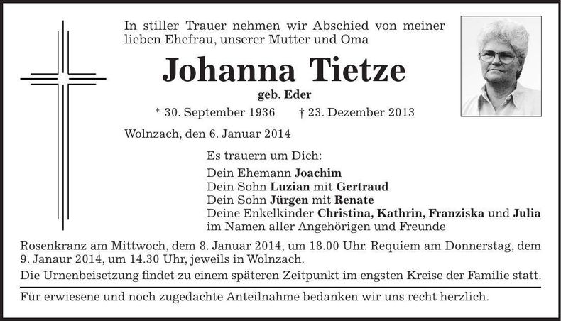 Traueranzeige Johanna Tietze