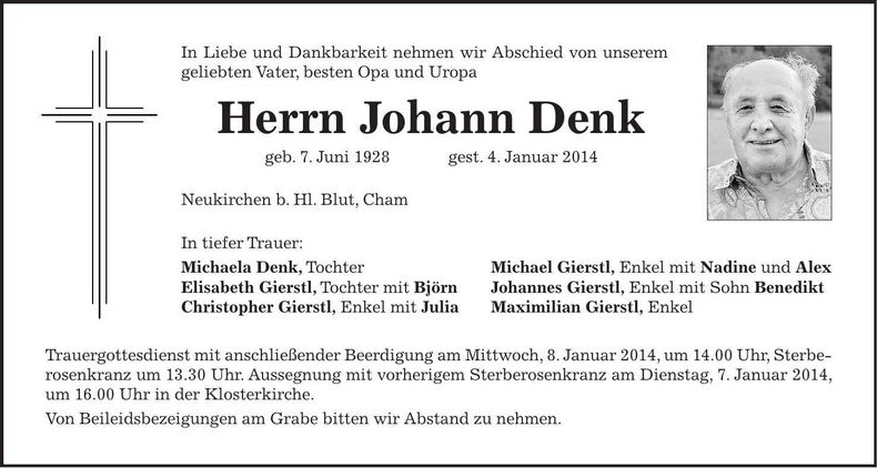 Traueranzeige Johann Denk
