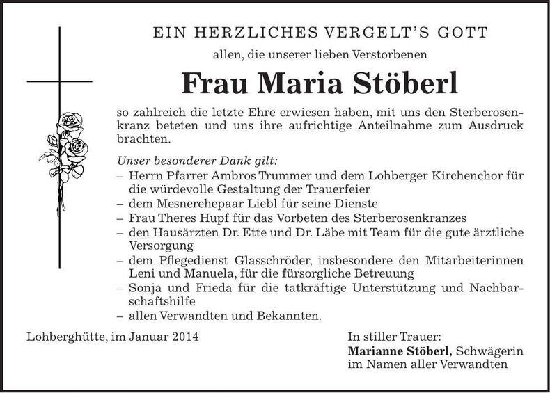 Traueranzeige Maria Stöberl