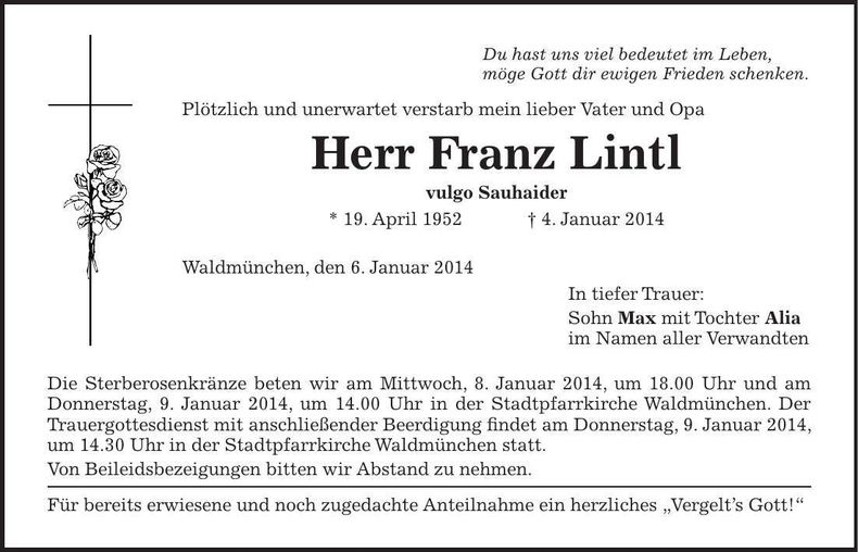 Traueranzeige Franz Lintl