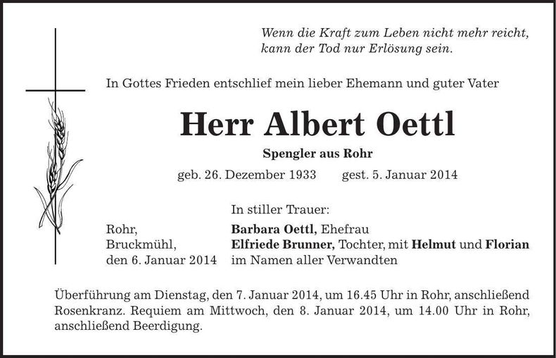 Traueranzeige Albert Oettl