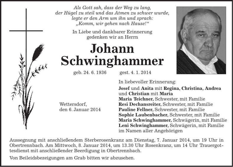 Traueranzeige Johann Schwinghammer
