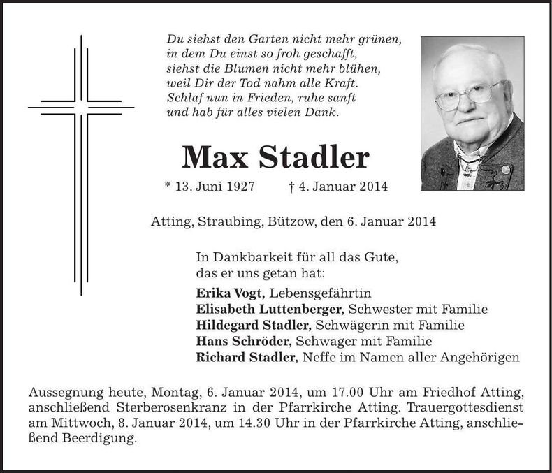 Traueranzeige Max Stadler