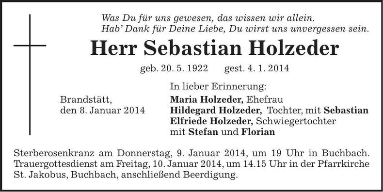Traueranzeige Sebastian Holzeder