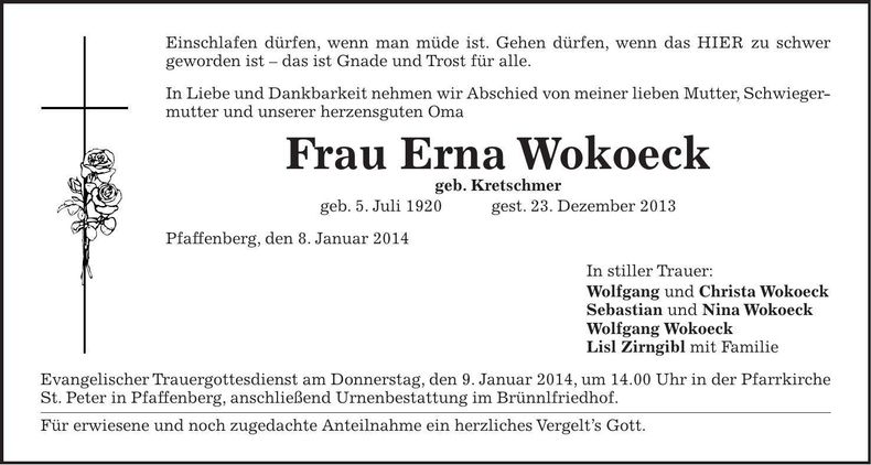 Traueranzeige Erna Wokoeck