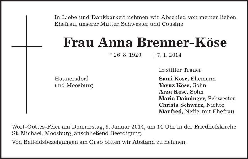 Traueranzeige Anna Brenner-Köse