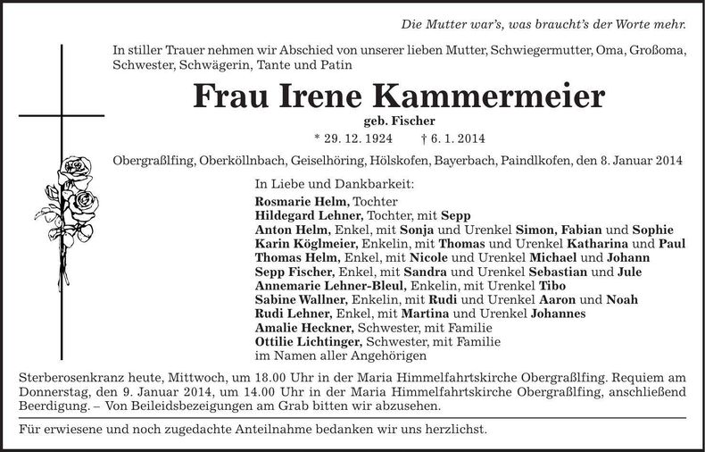 Traueranzeige Irene Kammermeier