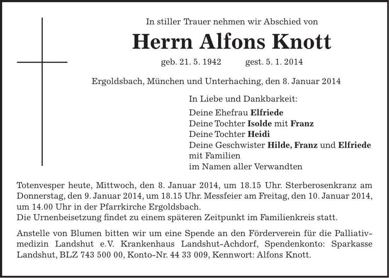 Traueranzeige Alfons Knott