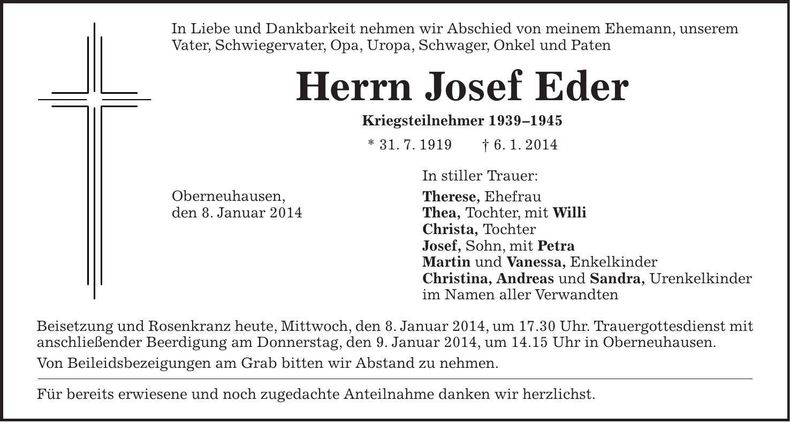 Traueranzeige Josef Eder