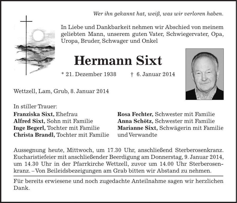 Traueranzeige Hermann Sixt