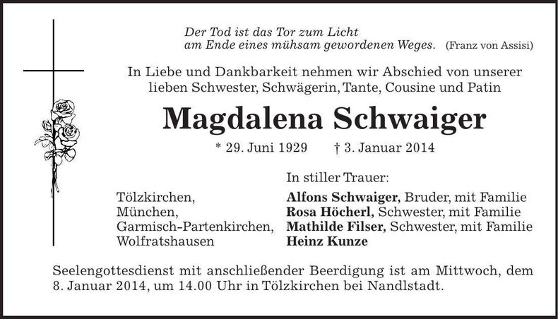 Traueranzeige Magdalena Schwaiger