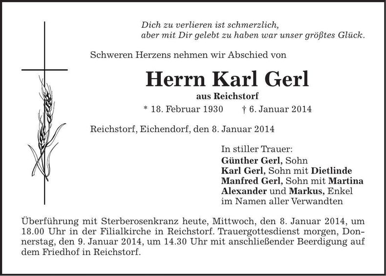 Traueranzeige Karl Gerl