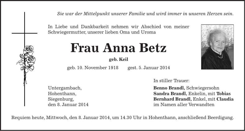 Traueranzeige Anna Betz