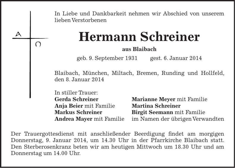 Traueranzeige Hermann Schreiner