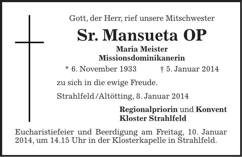 Traueranzeige Maria Meister Sr. Mansueta OP