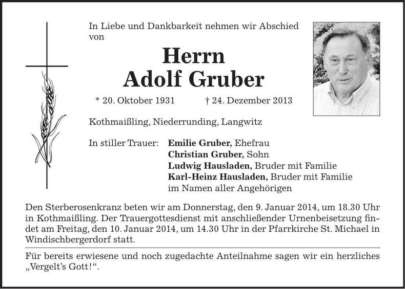 Traueranzeige Adolf Gruber