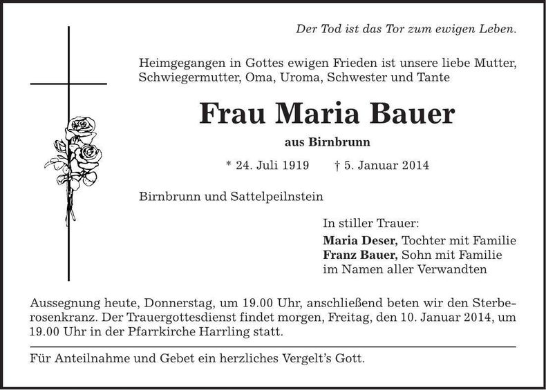 Traueranzeige Maria Bauer