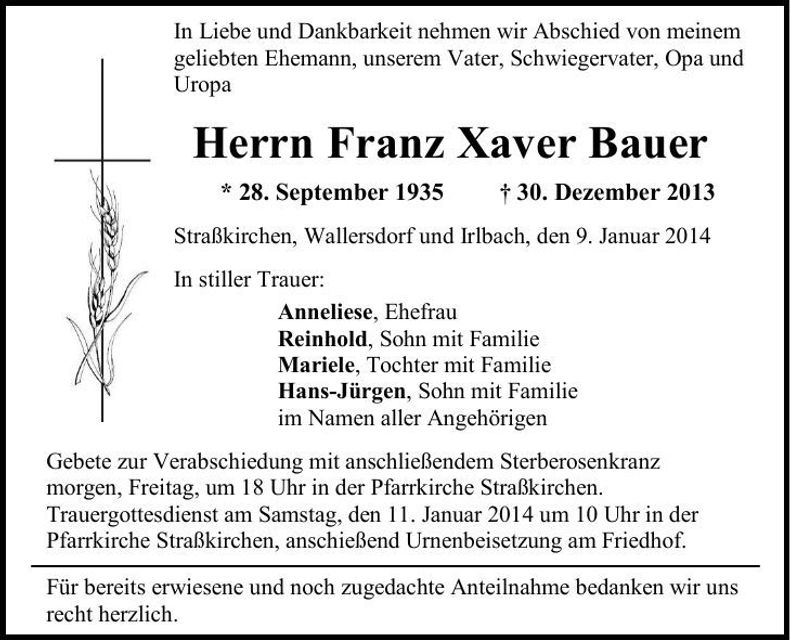 Traueranzeige Franz Xaver Bauer