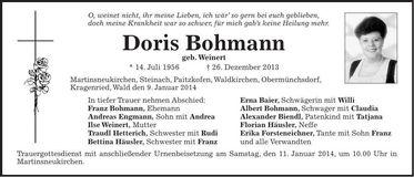 Traueranzeige Doris Bohmann