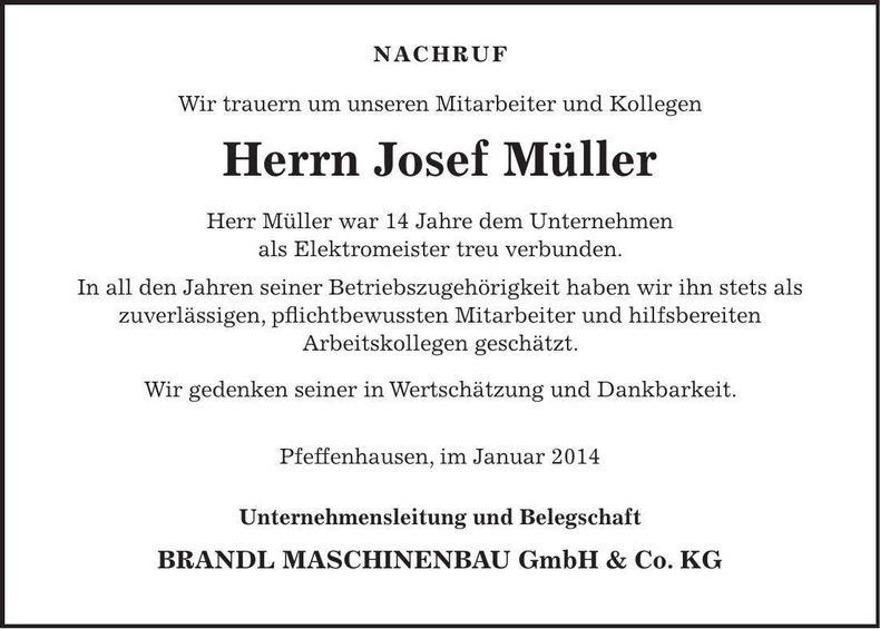 Traueranzeige Josef Müller