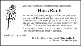 Traueranzeige Hans Raith