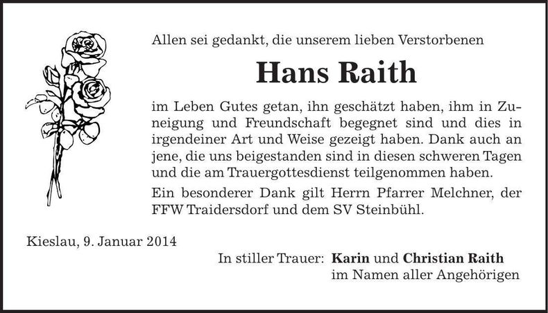 Traueranzeige Hans Raith