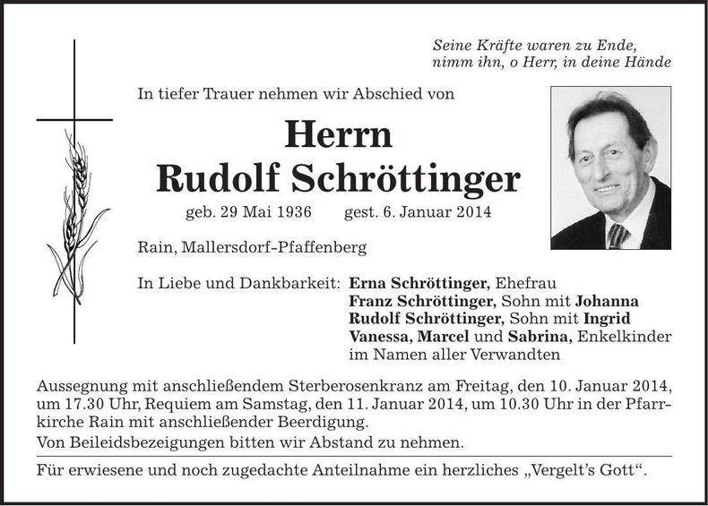 Traueranzeige Rudolf Schröttinger