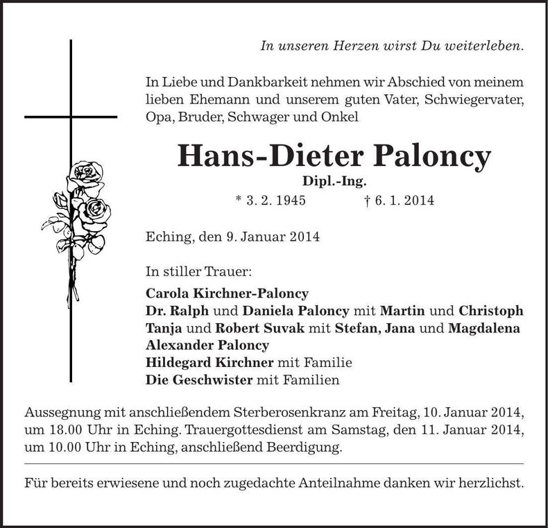 Traueranzeige Hans-Dieter Paloncy