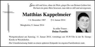 Traueranzeige Matthias Kappelmeier
