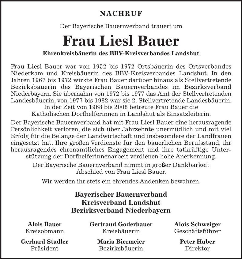 Traueranzeige Liesl Bauer