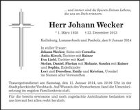 Traueranzeige Johann Wecker