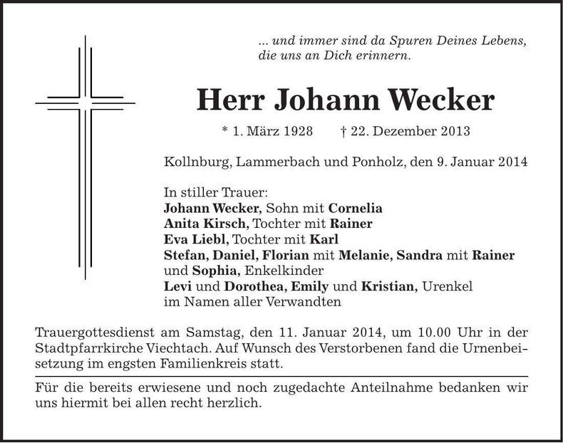 Traueranzeige Johann Wecker