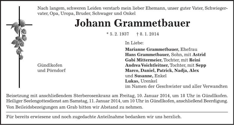 Traueranzeige Johann Grammetbauer