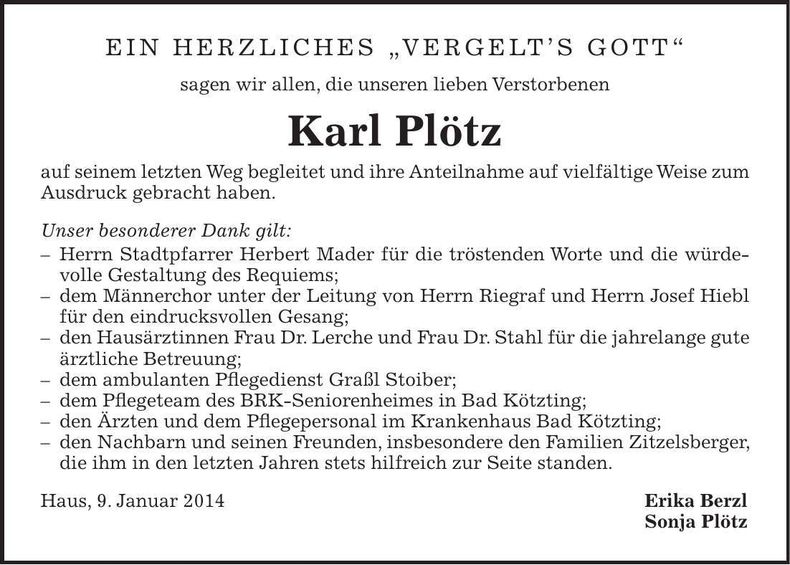 Traueranzeige Karl Plötz