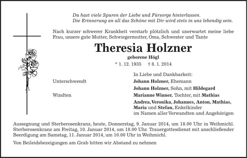 Traueranzeige Theresia Holzner