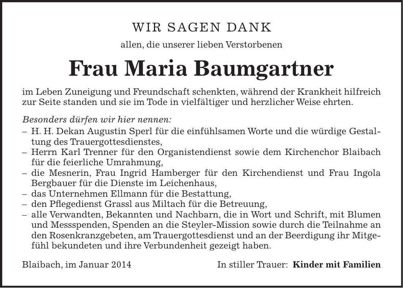 Traueranzeige Maria Baumgartner
