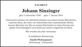 Traueranzeige Johann Sinzinger