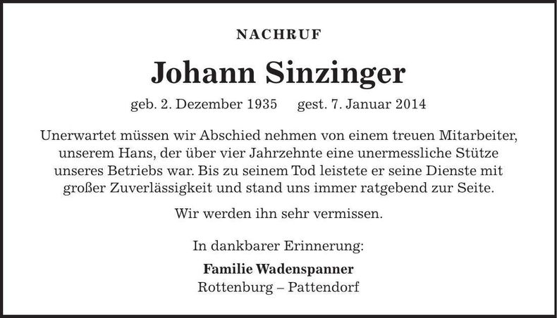 Traueranzeige Johann Sinzinger