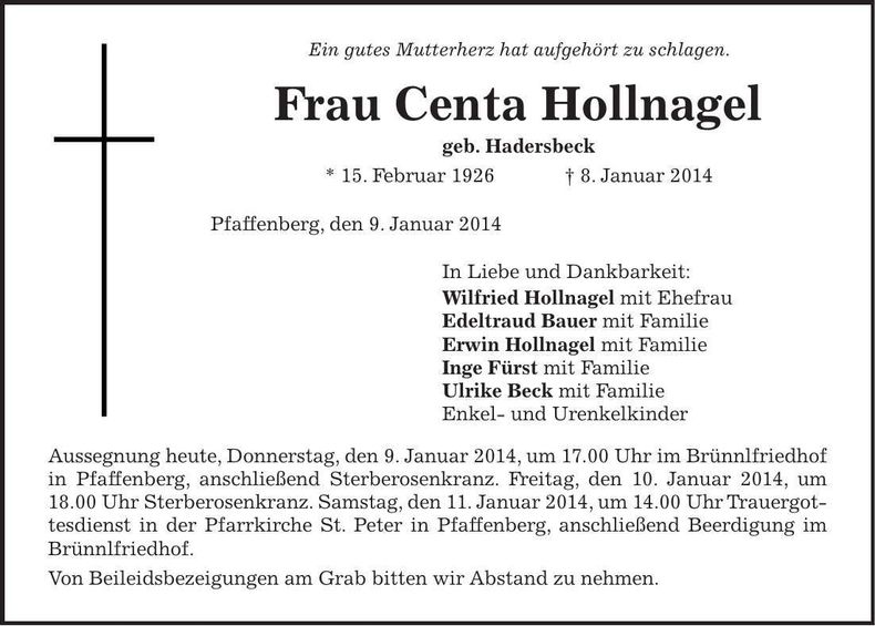 Traueranzeige Centa Hollnagel