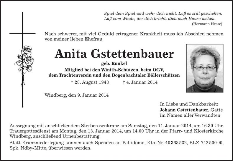 Traueranzeige Anita Gstettenbauer